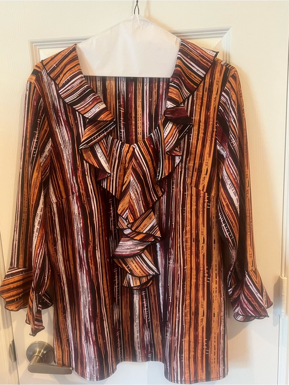 Milano Striped Ruffle V-Neck Blouse in Rust, Burgundy and Cream